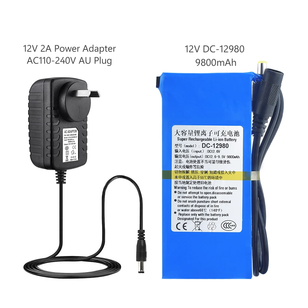 DC 12V DC12980 9800MAH литиевая аккумуляторная батарея запасной литий-ионный аккумулятор с 2A зарядным адаптером защита от перезарядки - Цвет: AU Plug