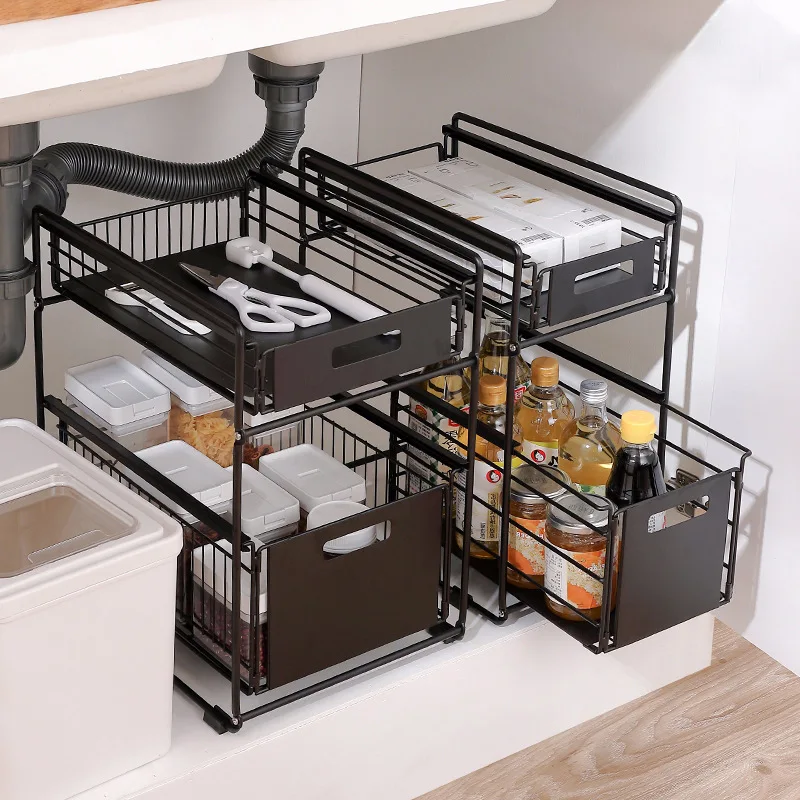 kitchen accessories Under Kitchen Sink Storage Rack pull-out drawer cabinet  Telescopic Double Shelf layered storage - AliExpress