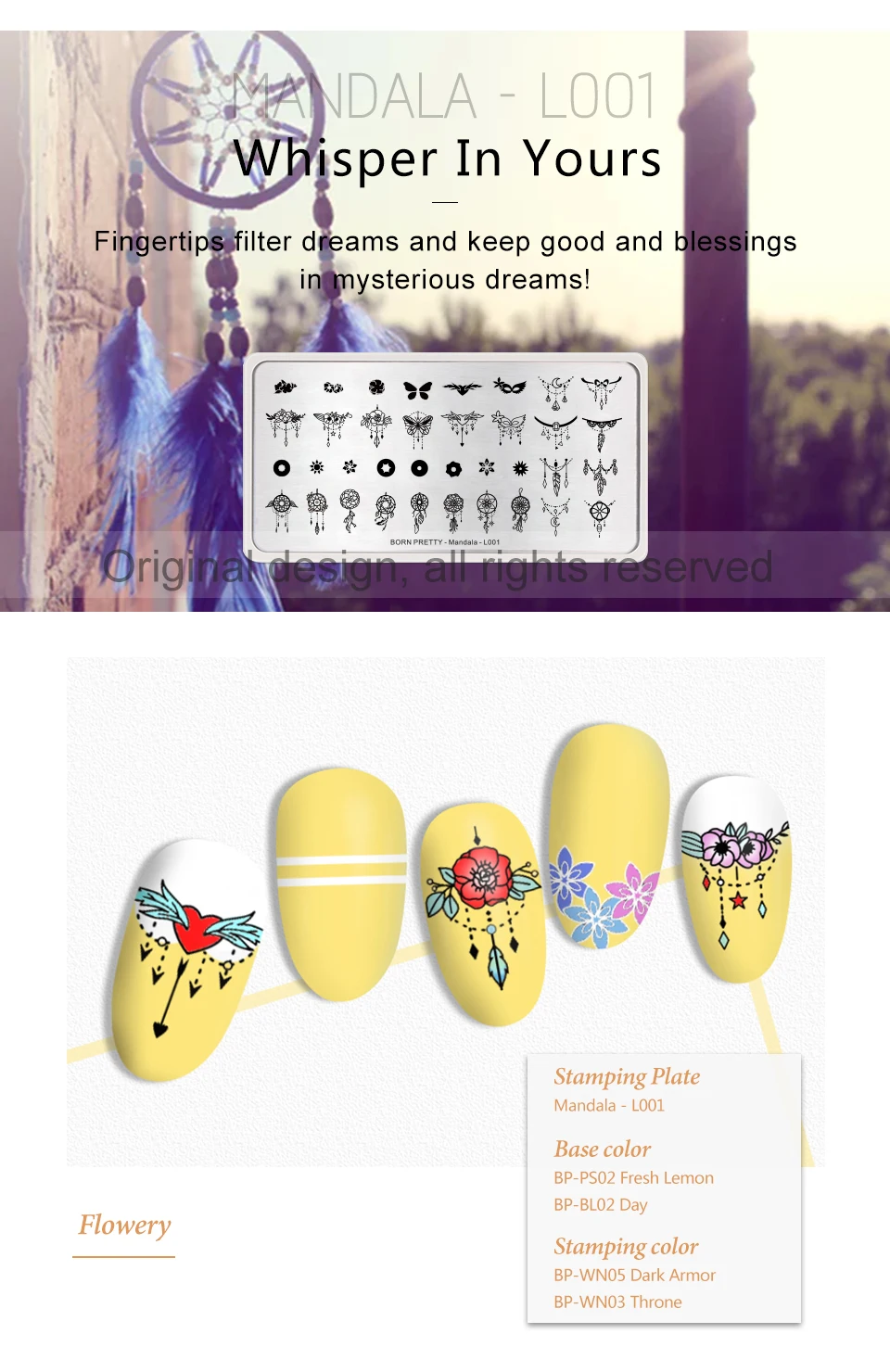 BORN PRETTY серия «Мандала» ногтей штамповки пластины цветы прямоугольный, для нейл-арта изображение Трафарет Шаблон