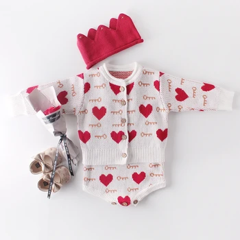 

New Valentine's Baby Clothes Autumn Winter 0-2 Years Old Baby Girl Suit Love Jacket + Rompers Jumpsuit Two-piece For Newborn Kid