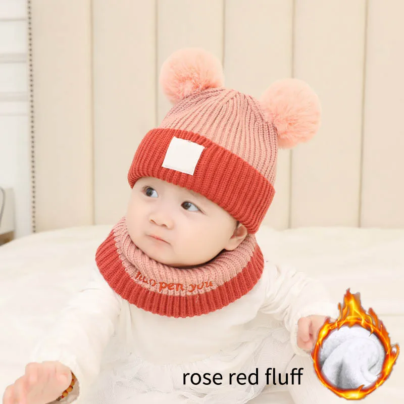 rose red fluff Детские товары, мягкая ткань, много цветов, сохраняющая тепло, шерстяная пряжа, теплая детская шапка, зимняя вязаная шапка, 2 шт., 3-30 месяцев, яркие цвета - Цвет: rose red fluff