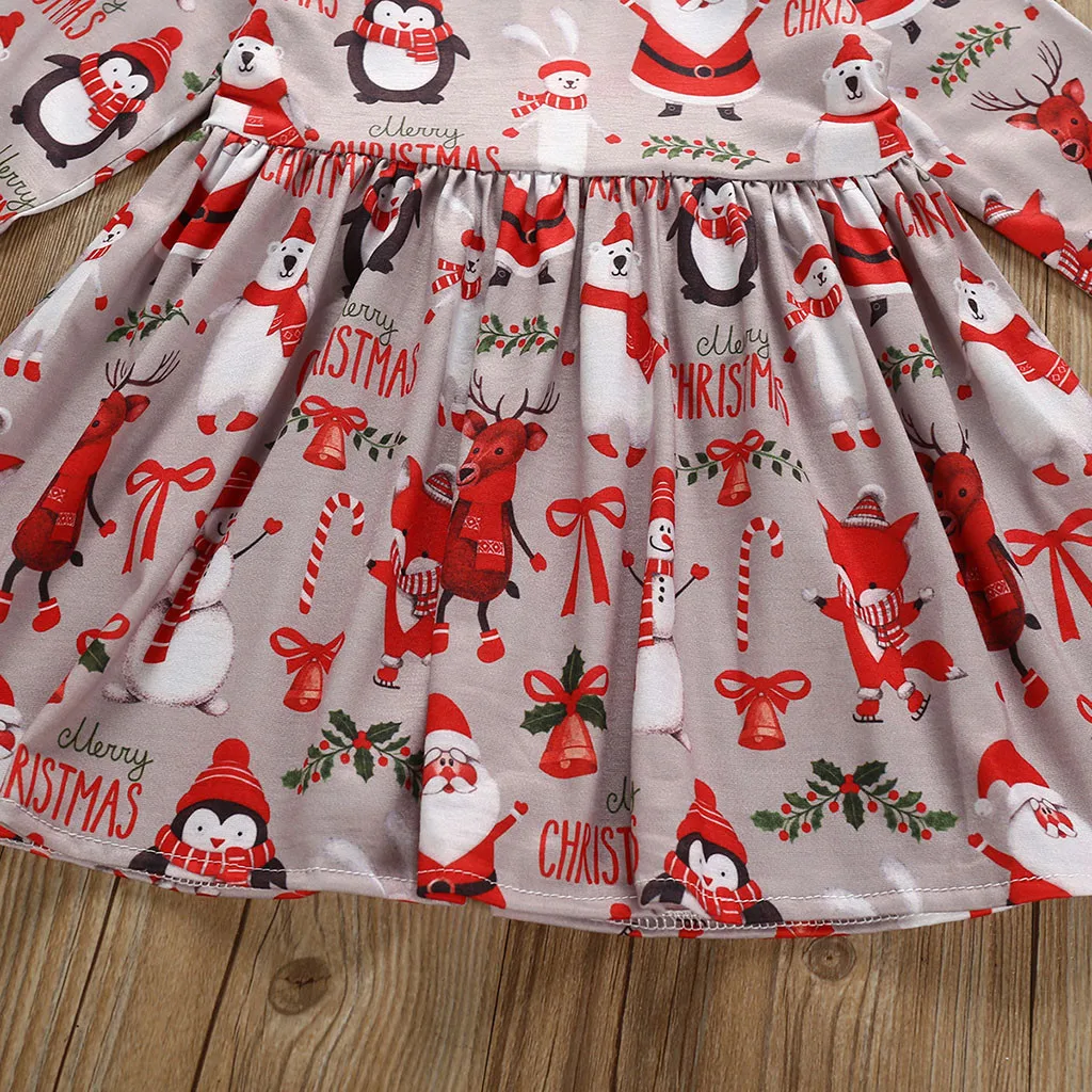 Рождественское платье для маленьких девочек с расклешенными рукавами и принтом героев мультфильмов; платья; Детские платья для девочек с длинными рукавами и рисунком оленя и снежинок