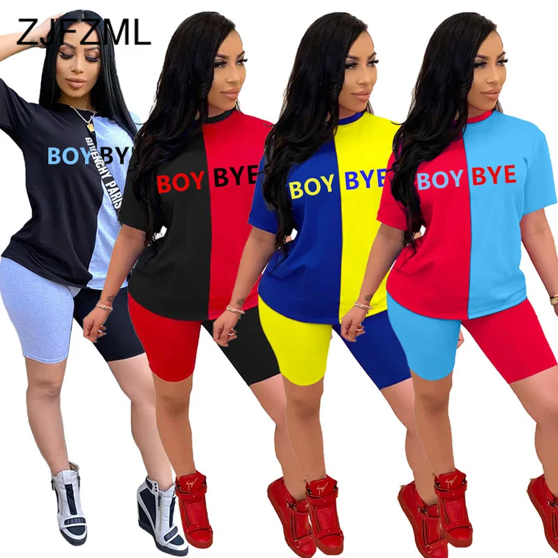 

Contrast Color Spliced Two Piece Set Women's Tracksuit Letter Print Short Sleeve T Shirt And Tight Short Plus Size Sweat Suits