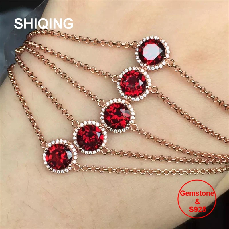 SHIQING крови красного цвета Природа Гранат 925 стерлингового серебра Круглый