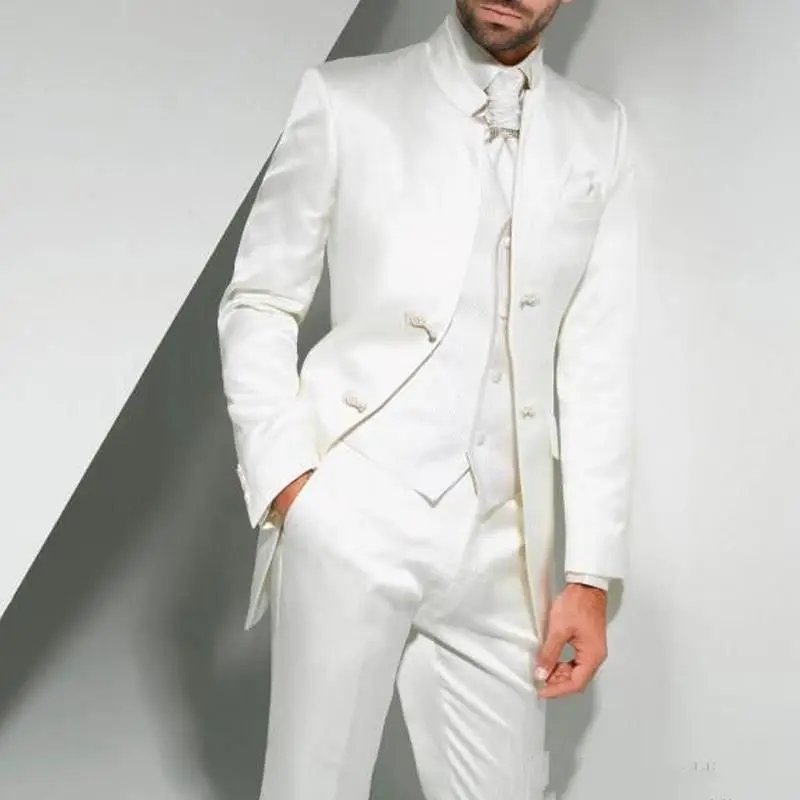 Vintage Long White Long Wedding Tuxedos for Groom 2018 Three Piece Custom Made Formal Men Suits (Jacket + Pants + Vest)
