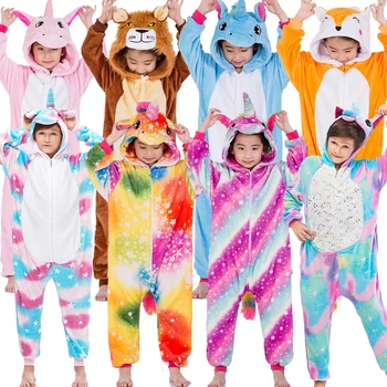 

Kigurumi Stitch Flannel Children Pajamas Set Winter Hooded Animal Unicorn Tiger Fox Kids Pajamas For Boys Girls Sleepwear Onesie