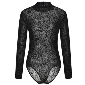 

Free shipping Women clothes Long Sleeve Bandage leopard print Bodysuit transparent Turtle Neck Leotard Jumpsuit one pieces