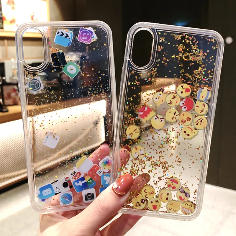 

Funny Cutey Apps Icon Emoji Liquid Glitter Quicksand Case for iPhone 6 6S 7 8 8 Plus Hard Cover For iPhone X 10 XR XS Max Fundas