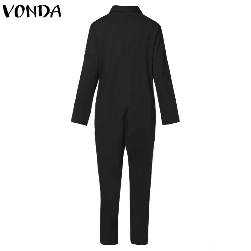 VONDA размера плюс широкие брюки Комбинезоны для женщин комбинезон свободного покроя с отворотами на шее и пуговицами с длинным рукавом одноцветные мешковатые комбинезоны