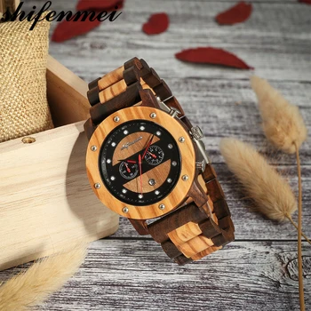 

Shifenmei Wooden Men's Watch Multi-function Wristwatch Date Dual Time Imported Movement Manual Quartz Band Retro Wooden Watch
