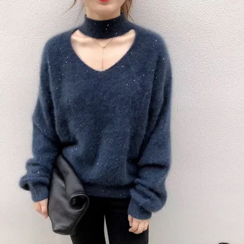 

Women's sweater 2020 spring new double-sided halter v-neck sequin pullover knitted sweater women