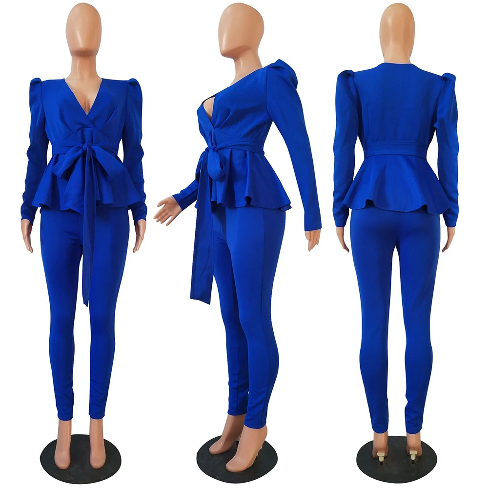 2022 Spring Office Ladies Blue 2 Two Piece Set Top and Pants Suit Elegant Female Casual Business Matching Outfits Women Clothing women's short suit set