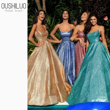 

Backless maid of honor dresses gold sequined bridesmaid dresses open back wholesale puffy a line shiny party dress gown