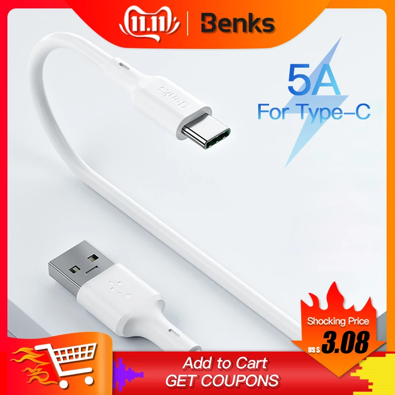 

Benks 5A USB C Cable Fast Charging Type-C For Huawei Mate 20 30 Pro P20 Lite Samsung Xiaomi QC3.0 USBC Quick Data Charger Cable