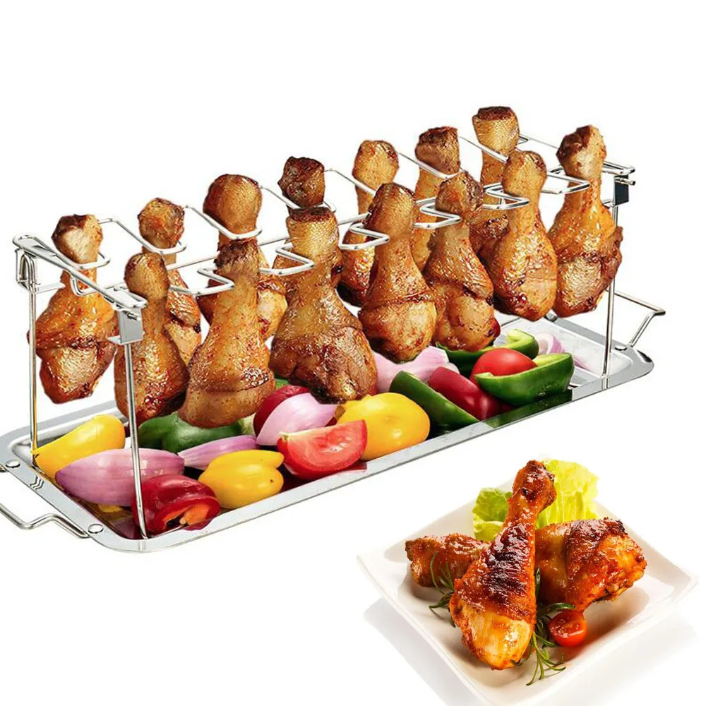 Stainless Steel Chicken Wing Leg Rack Grill Holder With Drip Pan For