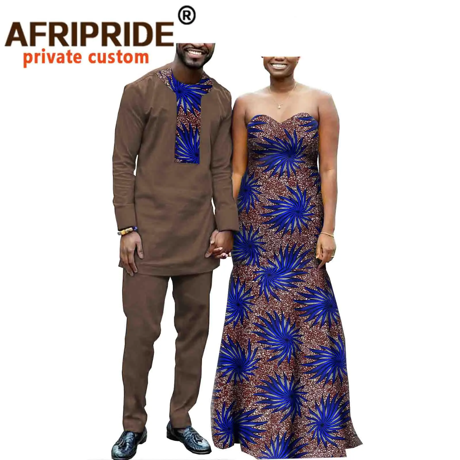 African Clothes for Couple Clothing Women Maxi Dress Men Print Shirt and Ankara Pant 2 Piece Set Dashiki Outfits Wedding A20C008