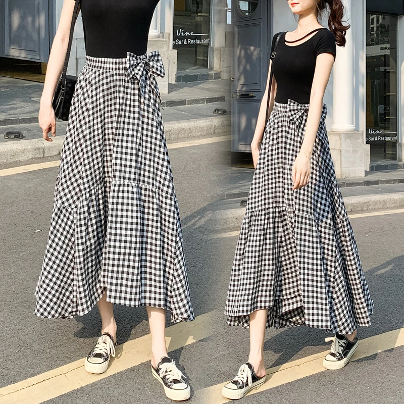 deze Respectievelijk Oom of meneer Tingyili Vintage Onregelmatige Plaid Rok Zwart Lente Zomer Hoge Taille  Vrouwen Big Swing Lange Rok Koreaanse Stijl Meisjes A lijn Rok|Rokken| -  AliExpress