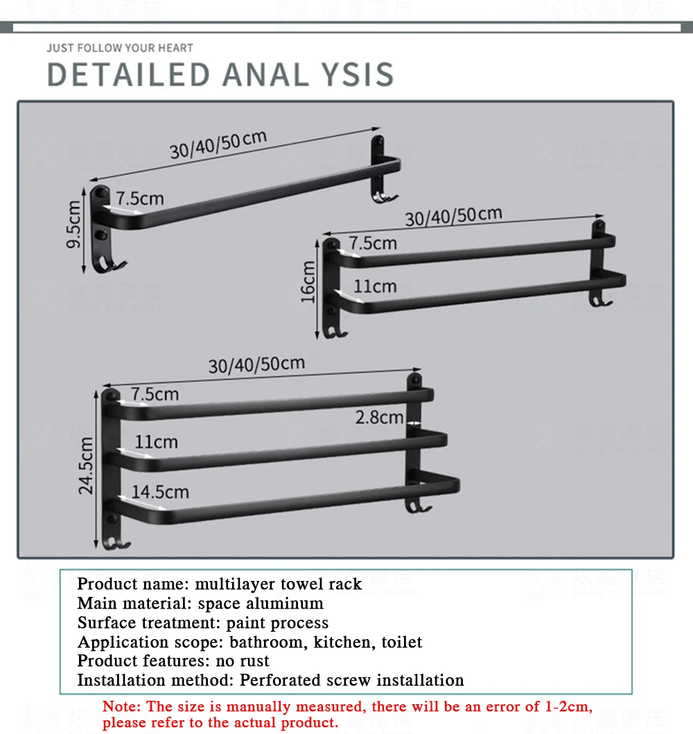 Bathroom Towel Rack 30-60CM Wall Mounted Shower Room Holder Kitchen Aluminum Multilayer Layer Wiht Hook Black Hanger Accessories