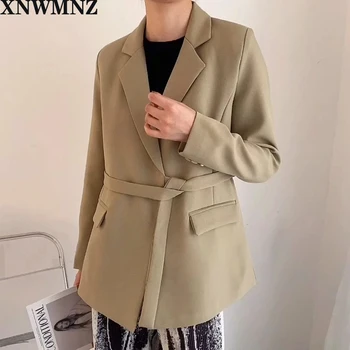 

XNWMNZ za women Buttonless belt casual office chic blazer Coat Female long sleeve Vintage Outerwear Tops
