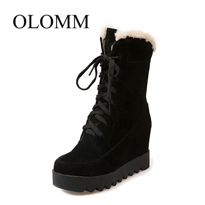 OLOMM/ г. Новая зимняя женская обувь теплые зимние ботинки больших размеров модные ботильоны на высоком каблуке с круглым носком женские AB-29