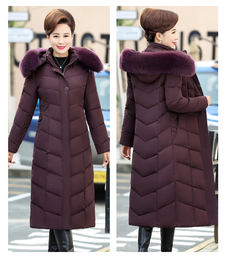 Зимняя куртка X-long женский меховой воротник среднего возраста, женские парки, плотное длинное пальто с капюшоном, плюс размер 5XL, пуховое хлопковое Женское пальто