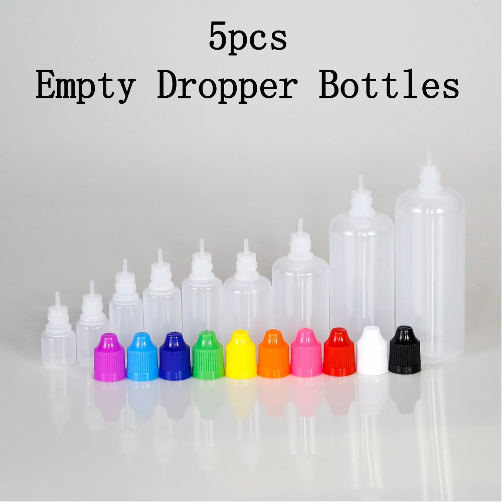 

5Pcs Empty LDPE Plastic Squeezable Dropper Juice Refillable Eye Liquid Bottles 3/5/10/15/20/30/50/100/120ml with 1 Funnel