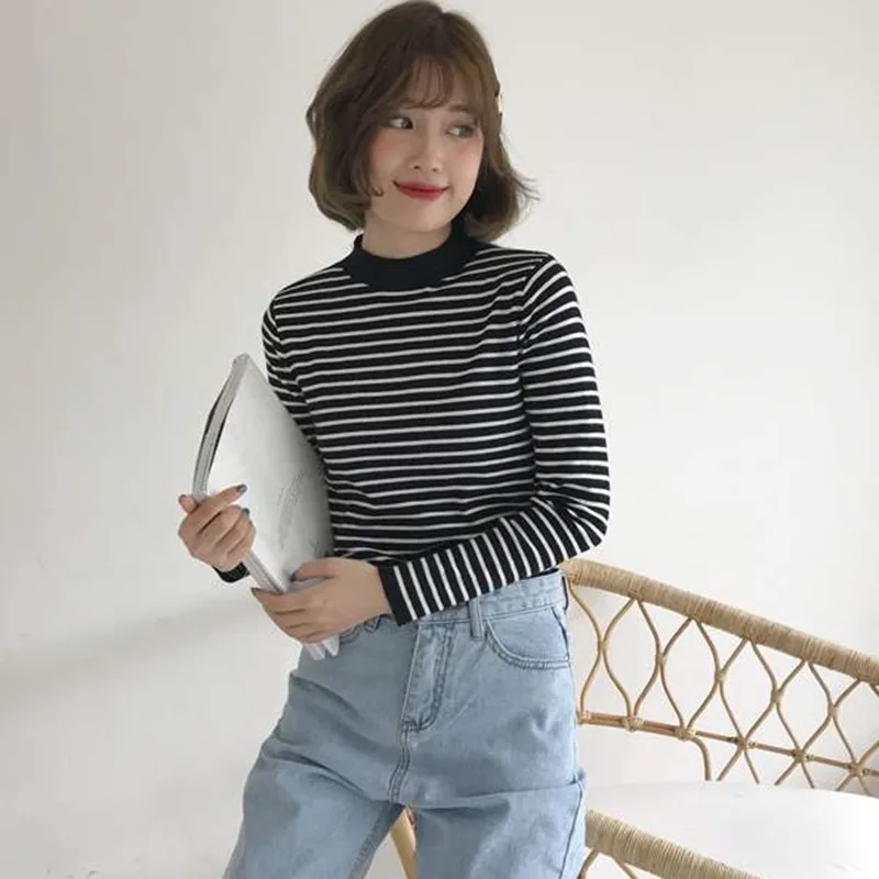 

Half Turtleneck Fashion Striped Sweaters Knitted Long Sleeve Pullovers For Women Autumn Winter Sweater Female Tops Slim Jumper