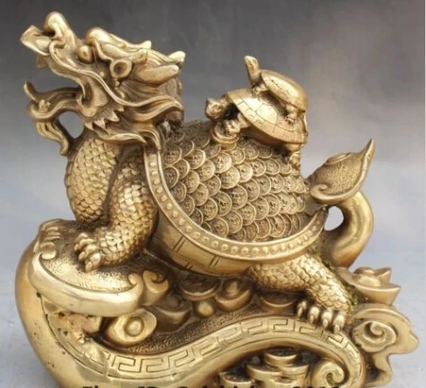 

RHS0076 9"Chinese Bronze Wealth Yuanbao Money Ru Yi Dragon tortoise Turtle Animal Statue