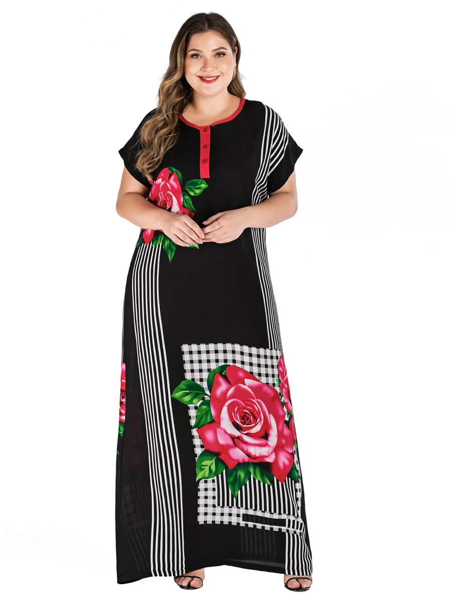 Plus Size Tribal Botanical Print Boho Dress Women Summer Tunic Short Sleeve Straight Shift Geometric Maxi Dresses VKDR1821