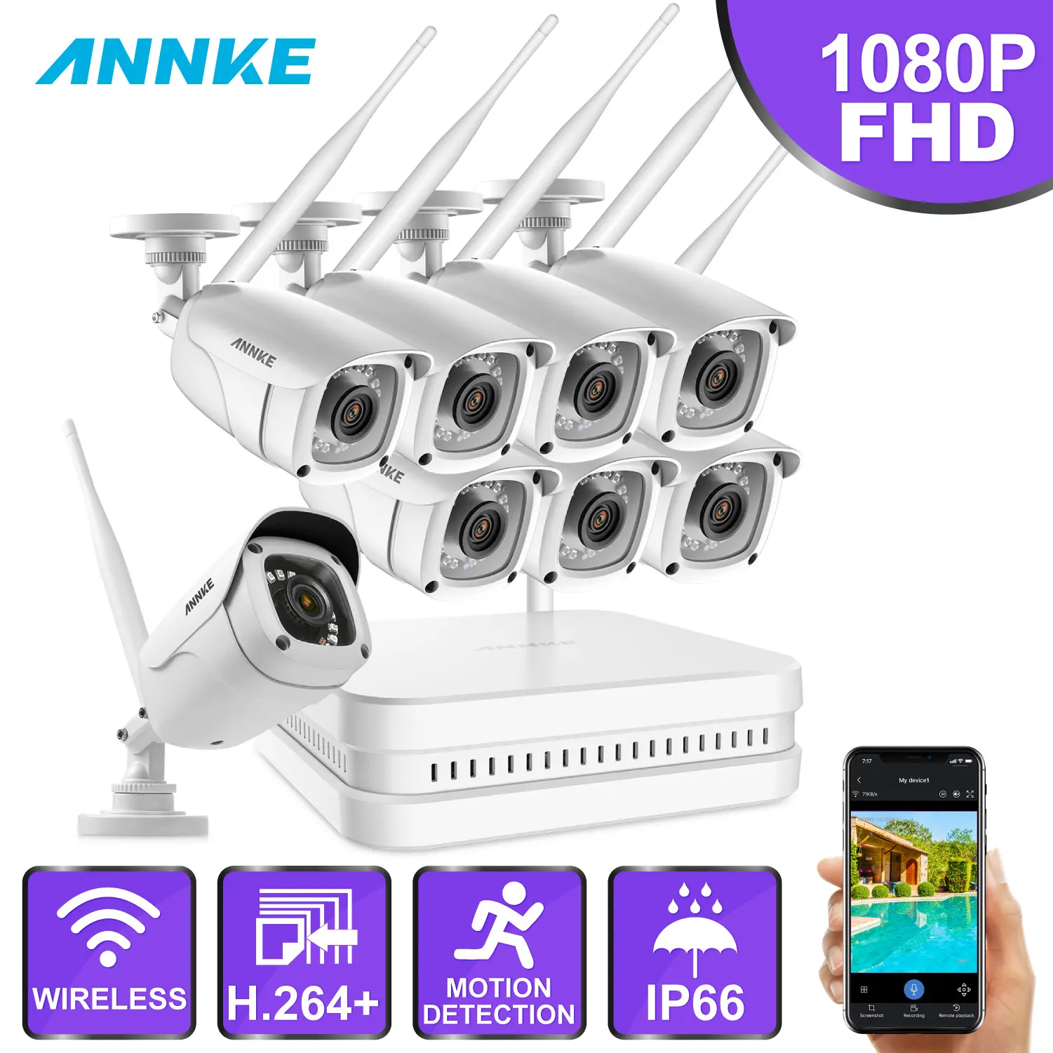 ANNKE 8CH 1080P FHD WiFi NVR система видеонаблюдения с 2-мегапиксельной пулей всепогодные IP камеры 100ft ночного видения с умным ИК