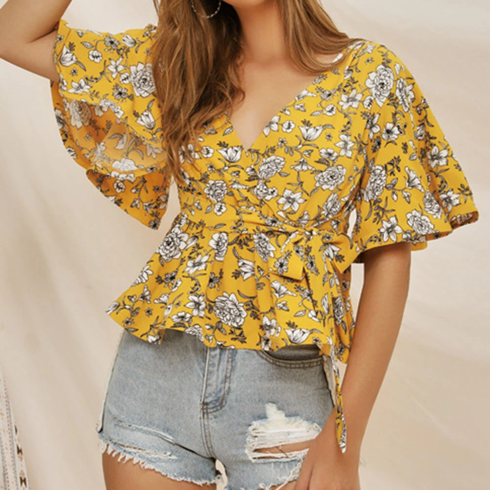 v neck ruffle sleeve top