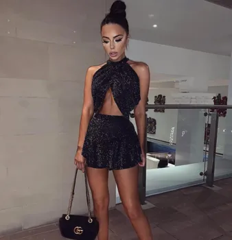 

Fashion Women Sexy Off Shoulder Halter Hollow Out Out Bust hole Halter Party Sparkling Dress Sets