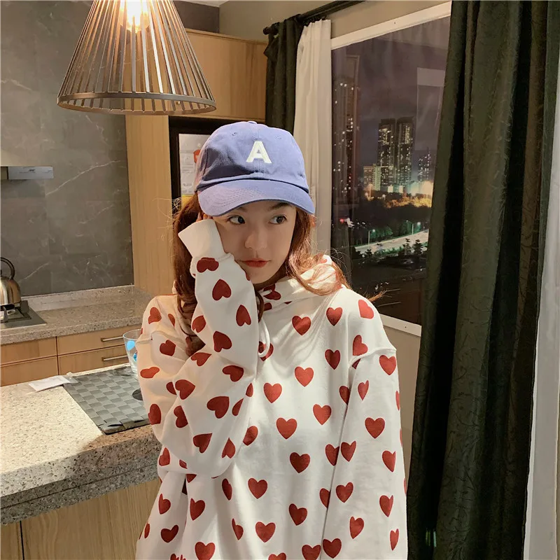 Толстовка с принтом в виде сердца для женщин Kawaii Толстовка Harajuku одежда пуловер с капюшоном корейского размера плюс хлопок Повседневная Уличная одежда Топ W112