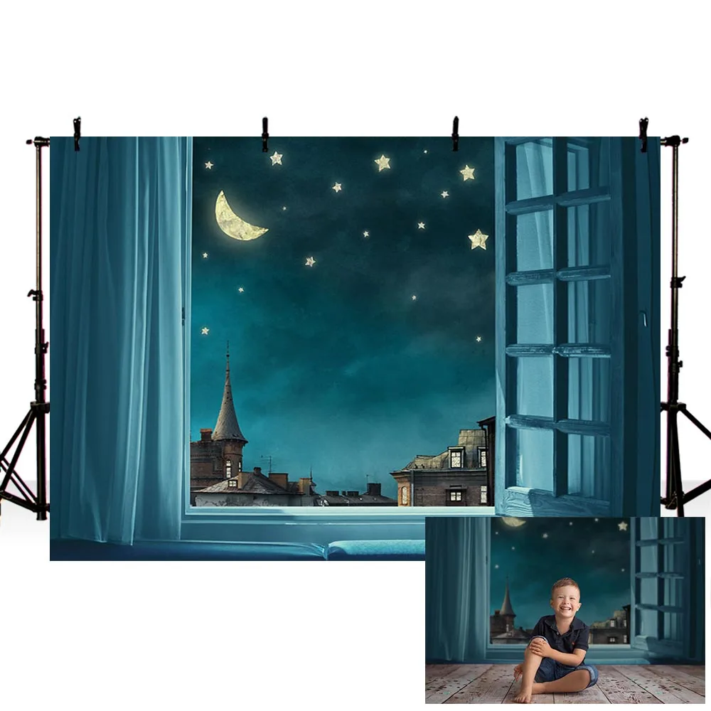Ночной фон для фотосъемки Луна и звезда фотостудия за окном фото плакат |