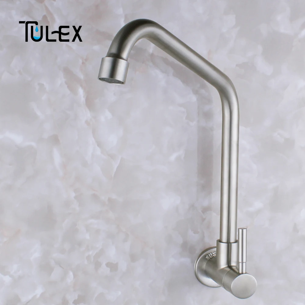 TULEX Kitchen Faucet Cold Water Tap SUS304 Stainless Steel Tap Wall Mounted Brushed Single Handle Single Hole Kitchen Accessory