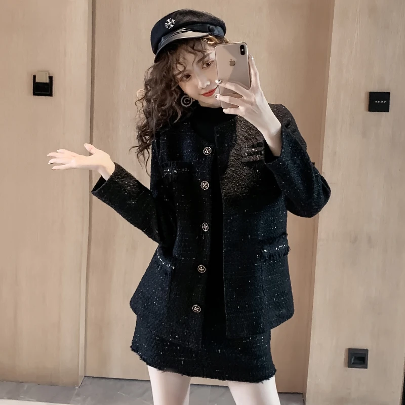 Black Tweed Blazer Skirt Two Piece Sets Autumn Winter New Ladies Tweed Jacket+ Skirt Coat Women Suits Clothes Wholesale