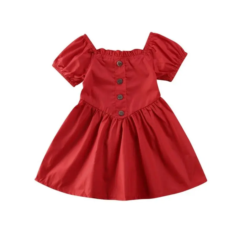 1-4Y Toddler Baby Girl Dress Red Button Ruffles Sleeve Off Shoulder Solid Pageant Princess Party Dresses Short | Детская одежда и