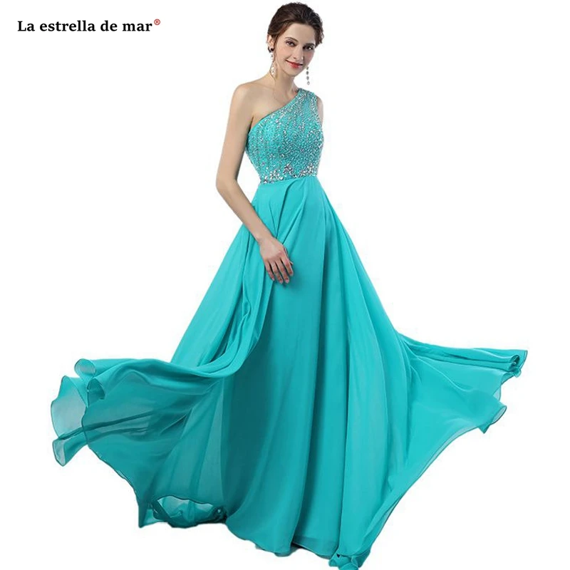 

Crystal chiffon vestidos de boda invitada largos new one shoulder A Line turquoise bridesmaid dresses robe demoiselle honneur