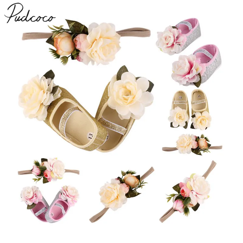 

Baby Girl Soft Sole Crib Shoes Newborn Toddler Flower Headband 2pcs Anti-slip Sneaker Prewalker First Walkers Photo Props