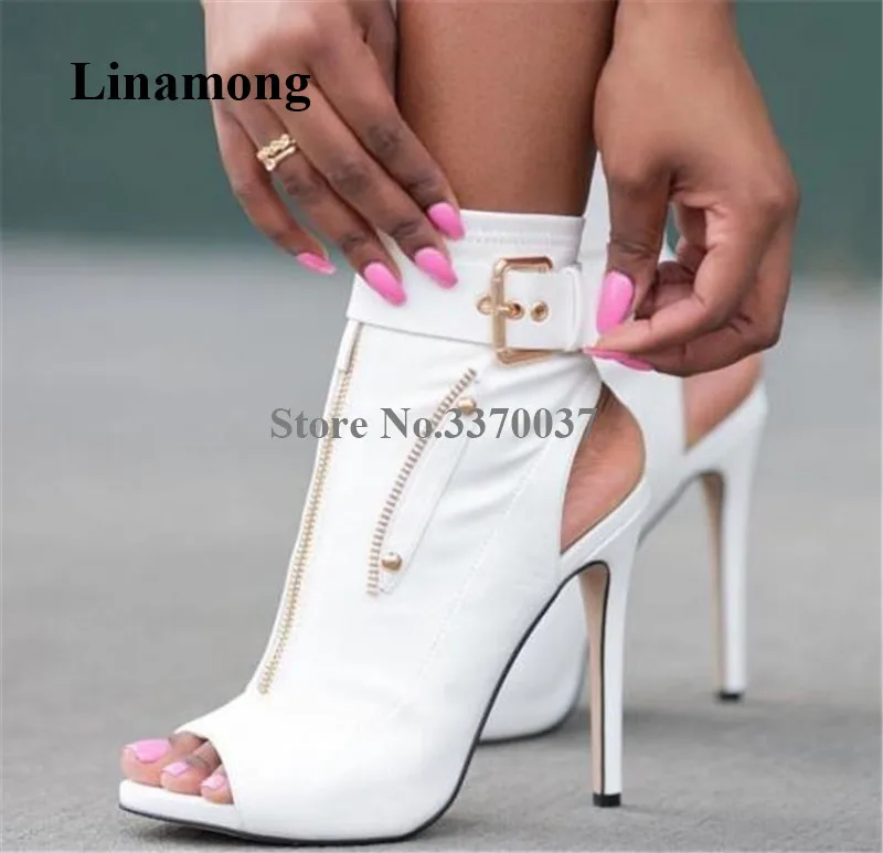 

Women Elegant Fashion Peep Toe Suede Leather Stiletto Heel Short Gladiator Boots Zipper Decorated White High Heel Ankle Booties