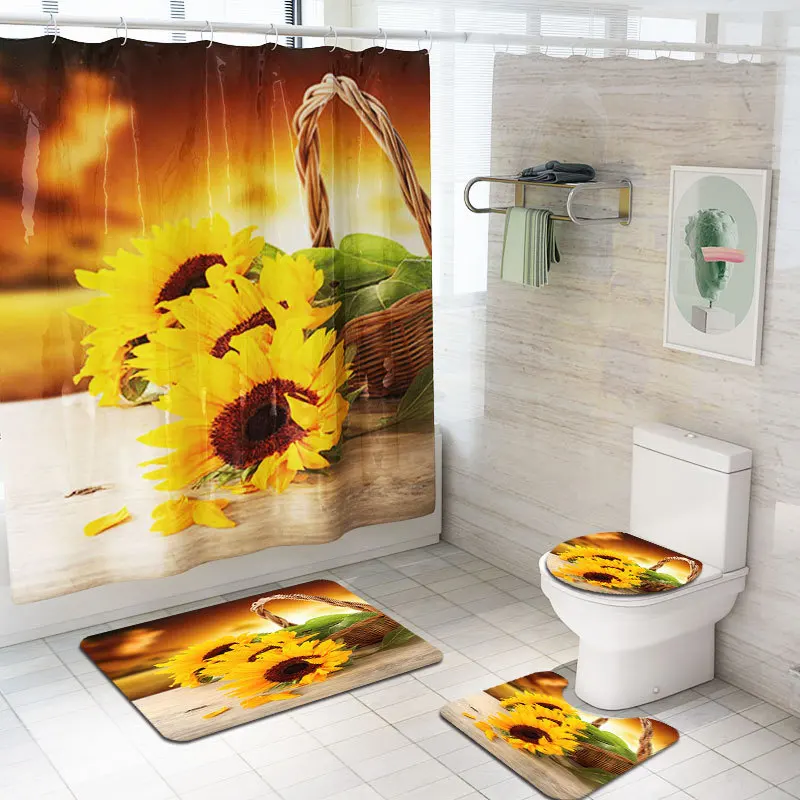 Zeegle Sun Flower Bath Mat Set Shower Curtain Set with Hooks Washable Toilet Foot Rug Lid Toilet Cover Mat Bathroom Entrance Mat