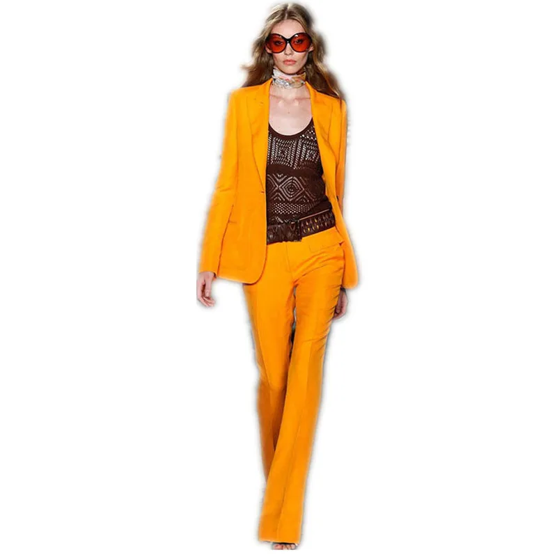 Jacket+Pants Orange Business Pants Suits For Women Slim Fit Office