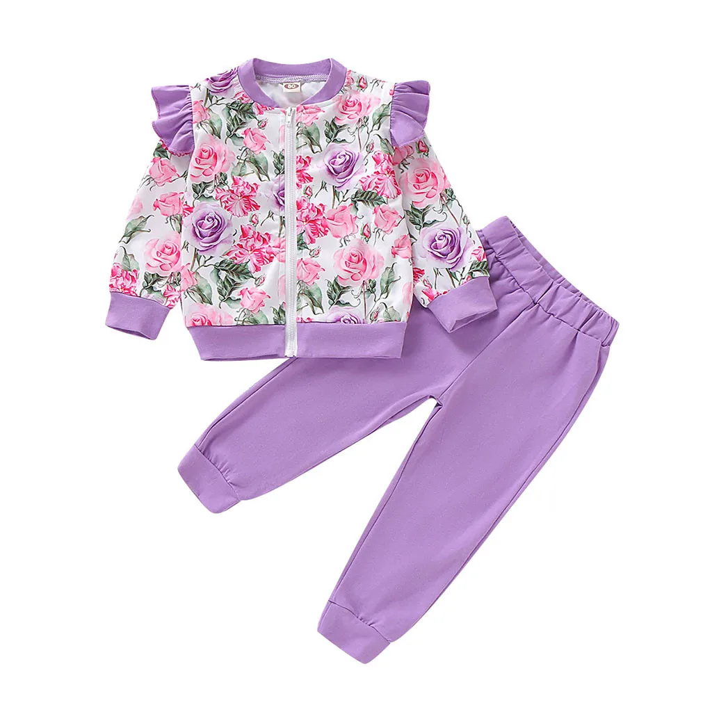 Purple Хлопковое плотное пальто с капюшоном с цветочным рисунком и оборками; Одежда для новорожденных девочек; повседневные пижамные штаны; одежда для маленьких девочек - Цвет: Purple