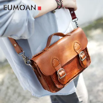 

EUMOAN Hand-shoulder shoulder back portable female leather leather Messenger bag small retro wipe color to do the old forest Mes