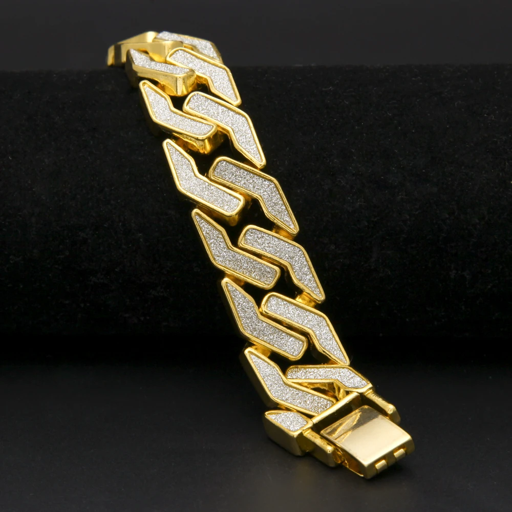 Стиль, Пескоструйный браслет, кубинская цепочка, хип-хоп золотой тон, тяжелый 15 мм широкий мужской браслет 8,5 дюйма