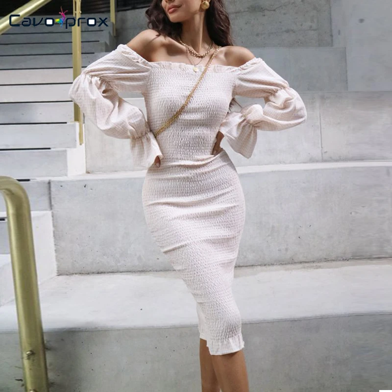 

Women Off Shoulder Lantern Sleeve Bodycon Midi Dress Slim Fit Elegant Spring Fall Solid Sweet Chic Street Wear Fashion Vestido