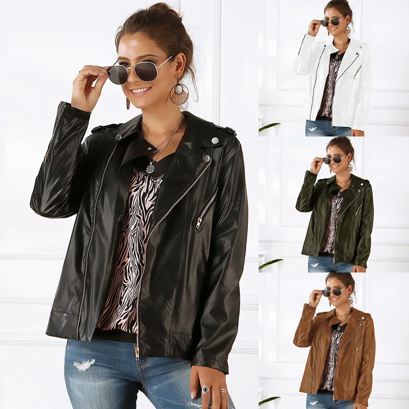 

Lugentolo Female Leather Jacket Original Design New Long-sleeved Solid Color Zipper Motorcycle Leather Jacket