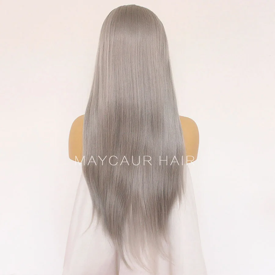 Maycaur Grey Long Straight Synthetic Lace Front Wigs Heat Resistant Natural Hair Wigs For Black Women (6)