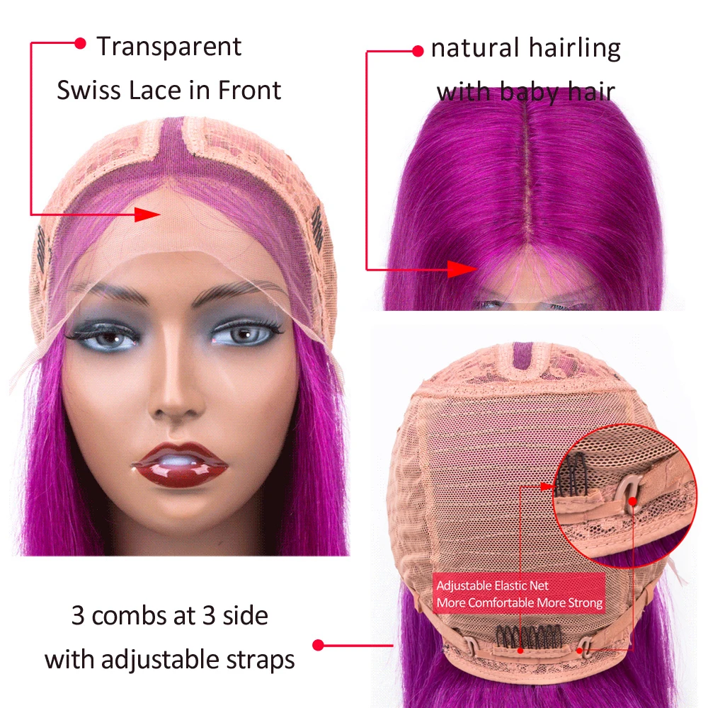 Парики из натуральных волос на шнурке, розовый фиолетовый Боб, парик из бразильских человеческих волос, прямой парик для черных женщин