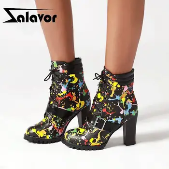 

ZALAVOR Size 33-48 Fashion New Arrival Buckle Colorful Ankle Boots High Heels Motorcycle Boots Sexy Lady Round Toe Short Boots